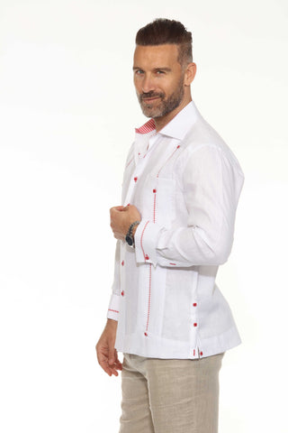 Mojito Men's Guayabera Shirt Chacabana 100% Linen with Contrast Trim Long Sleeve and French Cuff