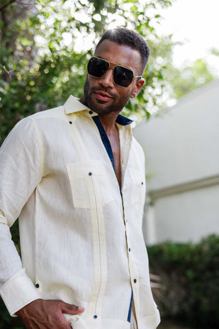 Mojito Men's 100% Linen Guayabera Chacabana Shirt Long Sleeve with Contrast Trim & Modern Pleats