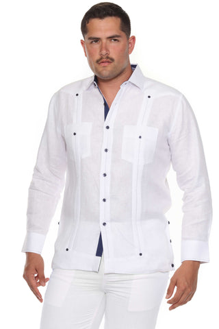Mojito Men's 100% Linen Guayabera Chacabana Shirt Long Sleeve with Contrast Trim & Modern Pleats