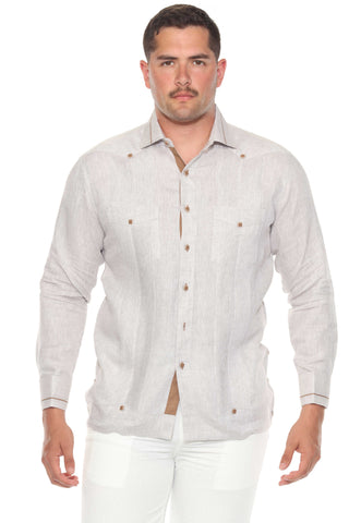 Mojito Men's 100% Linen Guayabera Chacabana Shirt Long Sleeve - Contrast Vertical & Collar Accent Trim