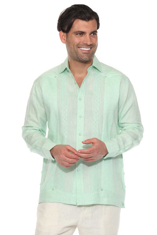 Mojito Men's 100% Linen Guayabera Chacabana Shirt Long Sleeve - Geometric Embroidery