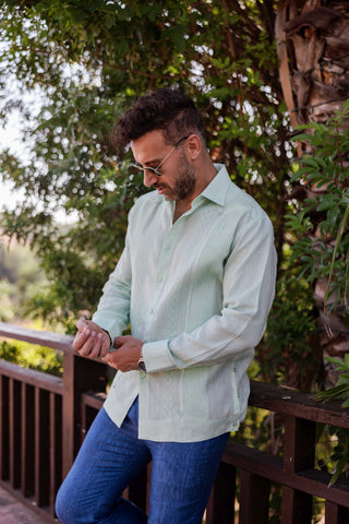 Mojito Men's 100% Linen Guayabera Chacabana Shirt Long Sleeve - Geometric Embroidery