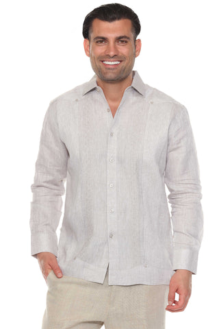 Mojito Men's 100% Linen Guayabera Chacabana Shirt Long Sleeve - Geometric Embroidery