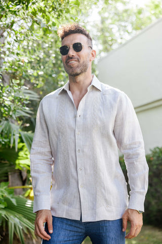 Mojito Men's 100% Linen Guayabera Chacabana Shirt Long Sleeve - Geometric Embroidery