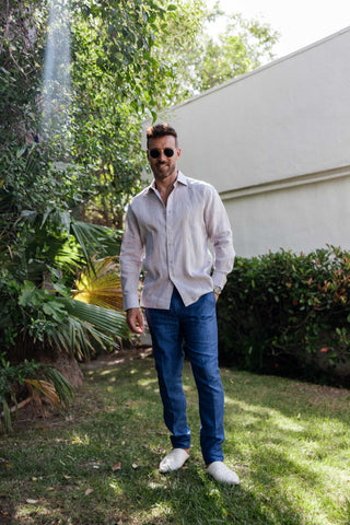 Mojito Men's 100% Linen Guayabera Chacabana Shirt Long Sleeve - Geometric Embroidery