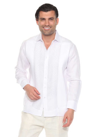 Mojito Men's 100% Linen Guayabera Chacabana Shirt Long Sleeve - Geometric Embroidery