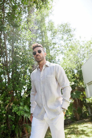 Mojito Men's 100% Linen Guayabera Chacabana Shirt Long Sleeve - Tonal Pleats