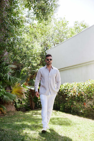 Mojito Men's 100% Linen Guayabera Chacabana Shirt Long Sleeve - Tonal Pleats