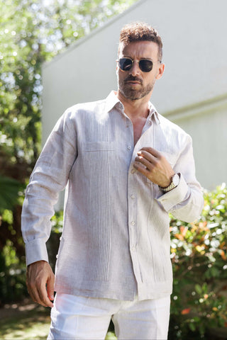 Mojito Men's 100% Linen Guayabera Chacabana Shirt Long Sleeve - Tonal Pleats