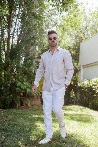 Mojito Men's 100% Linen Guayabera Chacabana Shirt Long Sleeve - Tonal Pleats