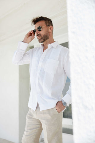 Mojito Men's 100% Linen Guayabera Chacabana Shirt Long Sleeve - Tonal Pleats