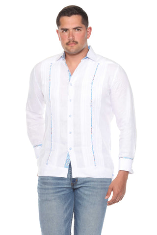 Mojito Men's 100% Linen Guayabera Chacabana Shirt Long Sleeve - Floral Contrast Trim & Blue Embroidery