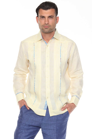 Mojito Men's 100% Linen Guayabera Chacabana Shirt Long Sleeve - Floral Contrast Trim & Blue Embroidery