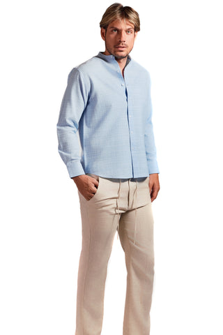 Mojito Cross Hatch Linen Blend Mandarin Collar Long Sleeve Shirt
