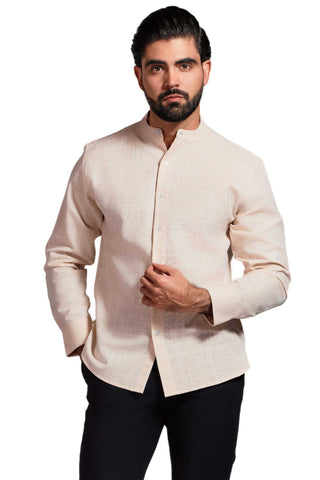 Mojito Cross Hatch Linen Blend Mandarin Collar Long Sleeve Shirt