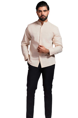 Mojito Cross Hatch Linen Blend Mandarin Collar Long Sleeve Shirt