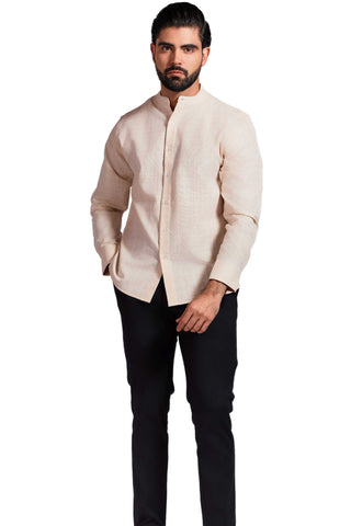 Mojito Cross Hatch Linen Blend Mandarin Collar Long Sleeve Shirt