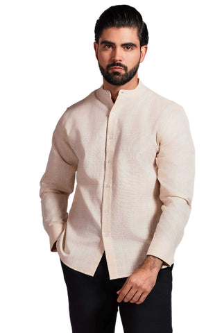 Mojito Cross Hatch Linen Blend Mandarin Collar Long Sleeve Shirt