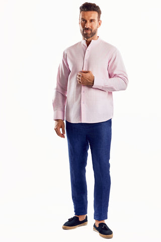 Mojito Cross Hatch Linen Blend Mandarin Collar Long Sleeve Shirt