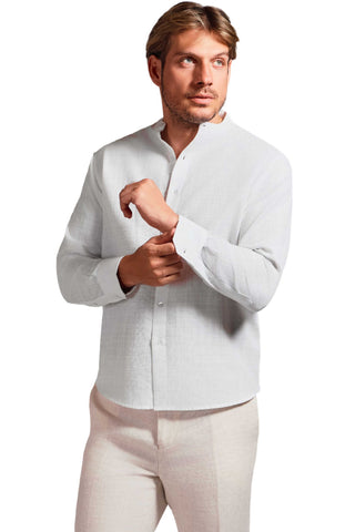Mojito Cross Hatch Linen Blend Mandarin Collar Long Sleeve Shirt