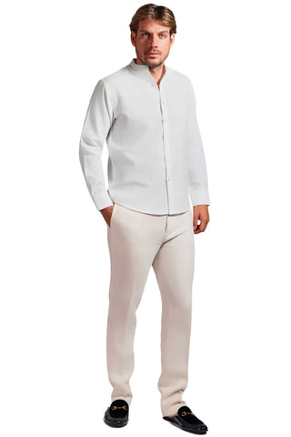 Mojito Cross Hatch Linen Blend Mandarin Collar Long Sleeve Shirt
