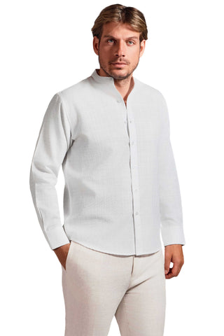 Mojito Cross Hatch Linen Blend Mandarin Collar Long Sleeve Shirt