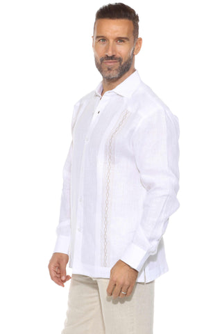 Mojito Men's 100% Linen Resort Shirt Long Sleeve with Pin Tuck and Dual Embroidery Accent