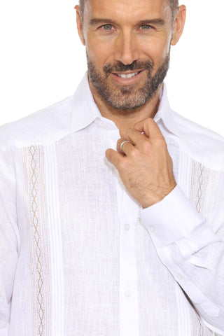 Mojito Men's 100% Linen Resort Shirt Long Sleeve with Pin Tuck and Dual Embroidery Accent
