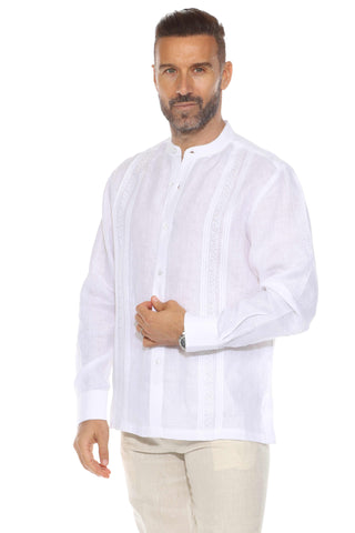 Mojito Men's Mandarin Collar Resort Shirt 100% Linen Long Sleeve with Embroidery Accent
