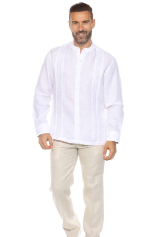 Mojito Men's Mandarin Collar Resort Shirt 100% Linen Long Sleeve with Embroidery Accent