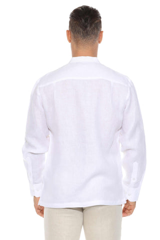 Mojito Men's Mandarin Collar Resort Shirt 100% Linen Long Sleeve with Embroidery Accent