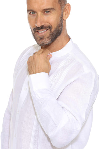 Mojito Men's Mandarin Collar Resort Shirt 100% Linen Long Sleeve with Embroidery Accent