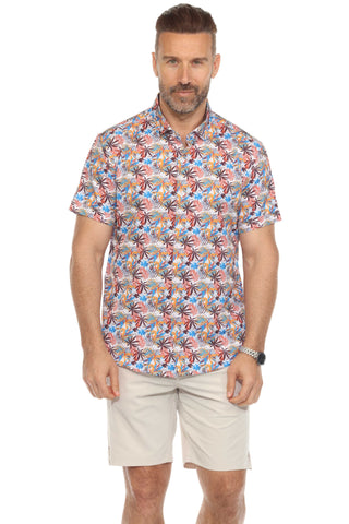 Mojito Lightweight Modern Multi Mini Leaf Pattern Print Stretch Shirt