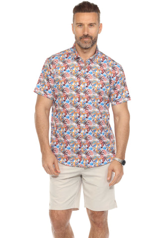 Mojito Lightweight Modern Multi Mini Leaf Pattern Print Stretch Shirt