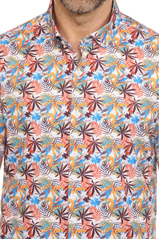 Mojito Lightweight Modern Multi Mini Leaf Pattern Print Stretch Shirt