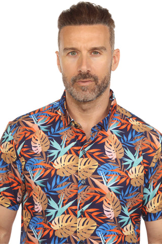 Mojito Lightweight Modern Island Leaf Pattern Print Stretch Shirt