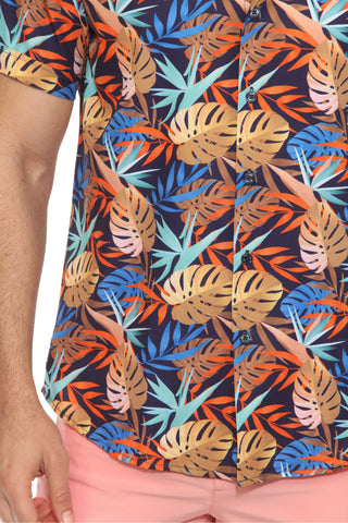 Mojito Lightweight Modern Island Leaf Pattern Print Stretch Shirt