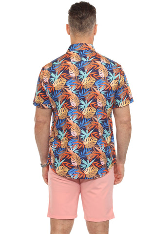 Mojito Lightweight Modern Island Leaf Pattern Print Stretch Shirt