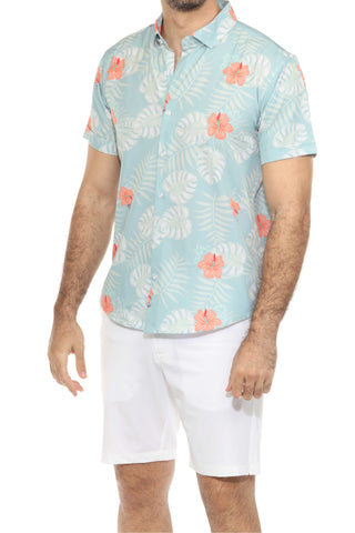 Mojito Lightweight Modern Aqua Floral Pattern Print Stretch Shirt