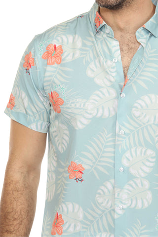 Mojito Lightweight Modern Aqua Floral Pattern Print Stretch Shirt