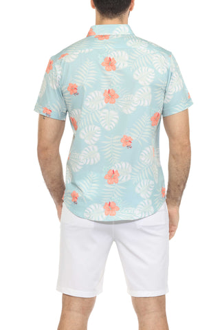Mojito Lightweight Modern Aqua Floral Pattern Print Stretch Shirt