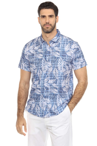 Mojito Lightweight Modern Blue Leaf Pattern Print Stretch Shirt