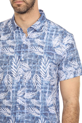 Mojito Lightweight Modern Blue Leaf Pattern Print Stretch Shirt