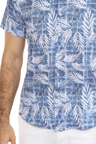 Mojito Lightweight Modern Blue Leaf Pattern Print Stretch Shirt