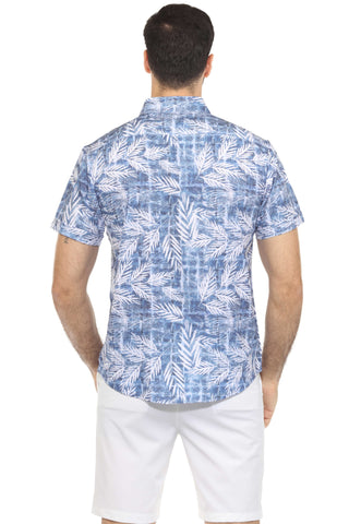 Mojito Lightweight Modern Blue Leaf Pattern Print Stretch Shirt