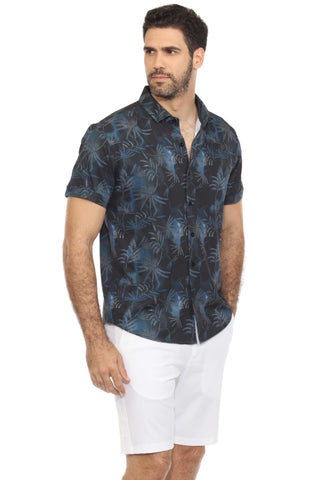 Mojito Lightweight Modern Navy Palm Pattern Print Stretch Shirt