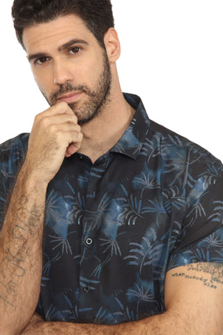 Mojito Lightweight Modern Navy Palm Pattern Print Stretch Shirt