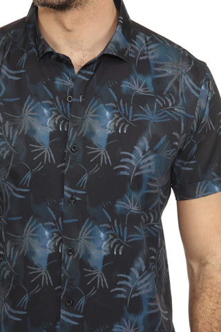 Mojito Lightweight Modern Navy Palm Pattern Print Stretch Shirt