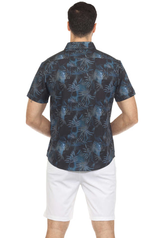 Mojito Lightweight Modern Navy Palm Pattern Print Stretch Shirt