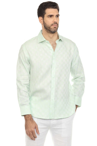 Men's Casual Long Sleeve Linen Shirt Checkered Print 100% Linen Button Down